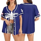 Baseball Button Up Shirt for Women Quick-Dry Sporty Team Style Fan Jersey Graphic Short Sleeve Tops for Game Day(Blue, XL)
