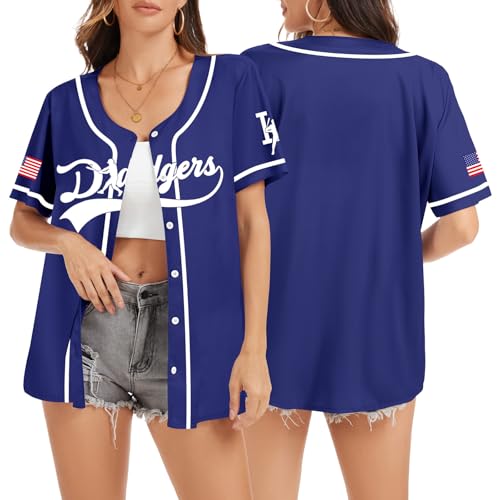 Baseball Button Up Shirt for Women Quick-Dry Sporty Team Style Fan Jersey Graphic Short Sleeve Tops for Game Day(Blue, XL)