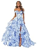 GATMAHE Chiffon Floral Prom Dresses for Women Plus Size Blue Ruffle Off Shoulder A Line Formal Gown High Split Corset Evening Party Dress US28W