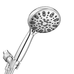 Handheld Shower Head, 6 Spray Setting High Pressure Shower Head with Brass Swivel Ball Bracket and Extra Long Stainless Steel Hose, Chrome, 5″