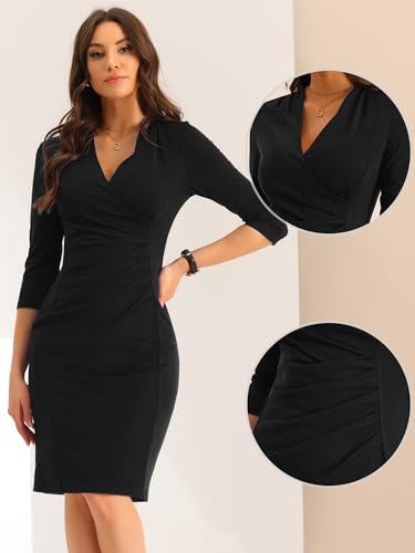 Allegra K Pencil Work Dress for Women's 3/4 Sleeve V Neck Ruched Wrap Business Bodycon Dresses2