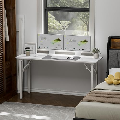 Image of TEMI Long Computer Desk Folding Table - 55.1 inch Foldable Office Desk, No Assembly, Perfect Writing Table for Bedroom or Apartment, Portable Large Desk or Study Table with Compact Design, White Ash