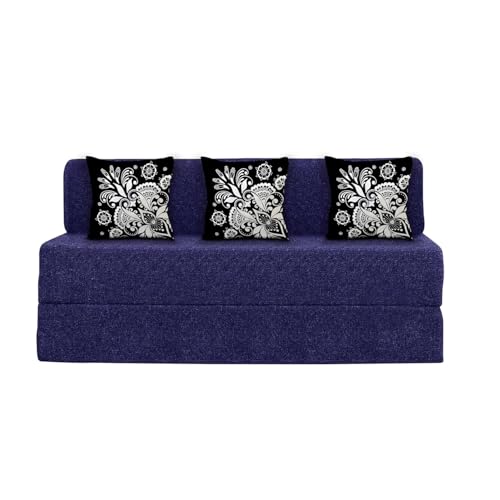 Image of Rosebell Three Seater Sofa Cum Bed | Jute Fabric Washable Cover | with 3 Printed Cushions Perfect for Guest | Purple | 5' X 6' Feet