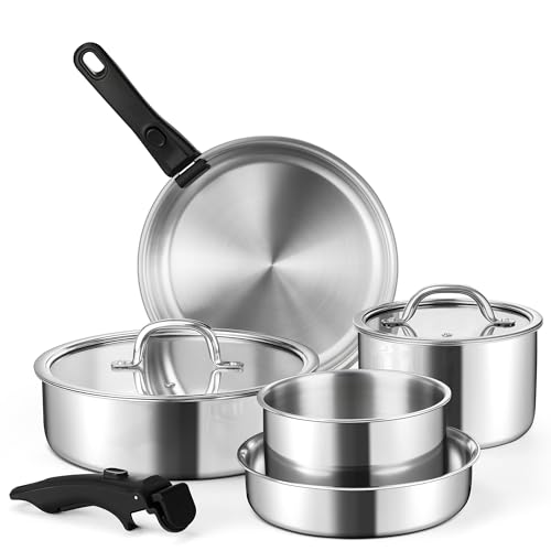 E-far 9pcs Pots and Pans Set, Stainless Steel Cookware Set with Detachable Handle, All-Clad 3-Ply Kitchen Cookware Sets with Removable Handle, Induction Cooking Set for RV Camping, Oven Safe