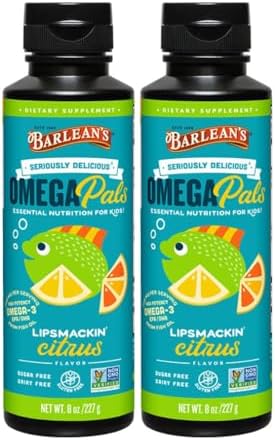 Barlean’s Omega 3 Fish Oil Liquid Supplement for Kids, 750 mg of EPA and DHA Fatty Acid for Brain & Eye Health, Lipsmackin’ Citrus, 8 oz, 2 Pack