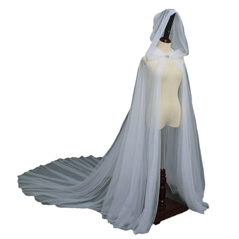 FakeFace Women Tulle Hooded Cloak Wedding Bridal Dress Robe Vampire Witch Elf Full Length Cape with Hood Halloween Cosplay Costume (White-2 Layers)