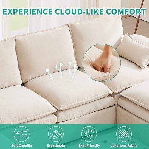 Large U-Shaped Sectional Couch Set - 6/7/8 Seater Oversized Cloud Sofa for Living Room, Big Comfy Chenille Fabric Couches, Extra Long Modular Sofa Bed Furniture (Beige, 6-Seater Sofa) - Thumbnail 5