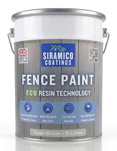 SIRAMICO COATINGS Fence Paint | 5 Litres | Waterbased ECO Resin Technology | 6 Luxury Colours | Smooth Matt Finish for outdoor wood protection | 10 Year Colour Guarantee (Sage Green)