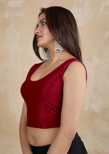 Image of TRENDMALLS Women's Dobby Pure Cotton Elastin Stretchable Readymade Round Neck Sleeveless Blouse Choli Stylish Saree Blouse Ready to Wear