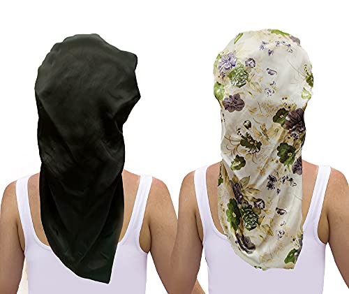 2Pcs Long Bonnet,Satin Sleep Cap, Extra Large Braids Bonnets for Sleeping Long Hair Soft&Comfortable Elastic Band Bonnets for Women(Black+Flower Pattern)