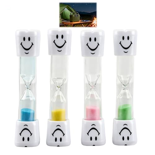 4 PCS Sablier à Sourire pour Brossage de Dents Enfant, Minuteur de 3 Minutes – Sable Bleu/Rose/Vert/Jaune, Sablier-Timer pour Brossage de Dents & Jeux