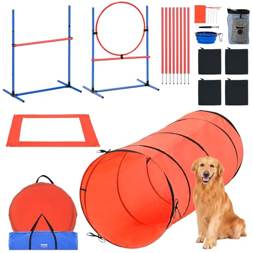 VEVOR Hunde-Agility-Trainingsausrüstung, 5-teiliges Kombinationsset mit verstellbaren hohen Hürden, 6 Slalomstangen, Tunnel, Sprungring, Pausenbox, Pfeife, faltbarer Schüssel, Welpen-Hindernisparcours