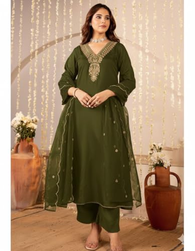 Image of Nermosa Women Embroidery Solid Anarkali Kurta and Pant Set with Dupattas