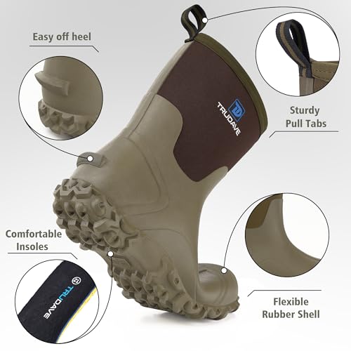 Image of Trudave Rubber Boots for Men, 6mm Neoprene Insulated Mud Boots with Steel Shank, Men's Mid Calf Waterproof Rain Boots,Anti-Slip Rubber Work Boots for Farming Gardening Fishing,Size 7-13