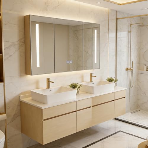 Elysionix 63 inch Floating Bathroom Vanity with Double Ceramic Sink, Bathroom Cabinet Vanity Suite with Two Countertop Sink, Off White
