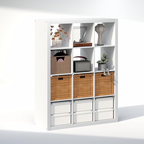 Image of Furinno Cubicle Record Player Stand, 12-Cube Vinyl Record Storage, White | Vinyl Storage, 1.68 inchInch Triple Thick, Open Back Media Shelf for CD DVD Bluray Game Disc, for Living Room, Home Office