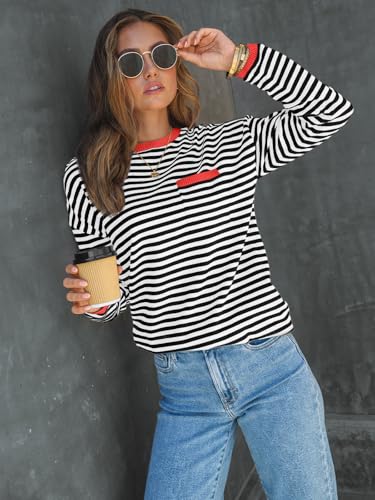 Image of LILLUSORY Womens Striped Soft Knit Pullover Sweater Loose Fit Shirts with Chest Pocket