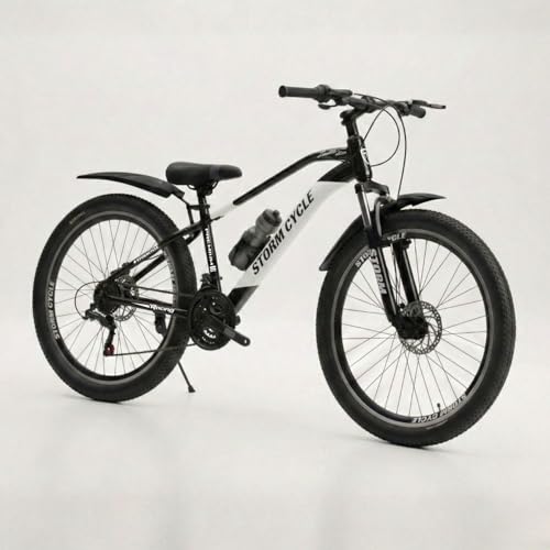 Image of Storm Brand 26 Inch Mountain Bicycle with 21 Speed Gear for Adults | Front Suspension, Dual Disc Brakes, Steel Frame, Wide Tyres,Lightweight Off-Road Bicycle for Boys & Men (Black and White)