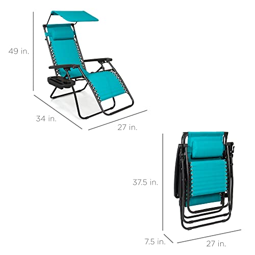Best Choice Products Folding Zero Gravity Outdoor Recliner Patio Lounge Chair W/Adjustable Canopy Shade, Headrest, Side Accessory Tray, Textilene Mesh - Peacock Blue #TOP6