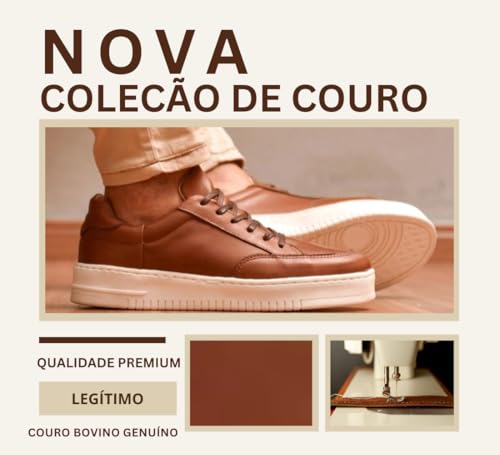 Tenis Masculino de Couro Legitimo Sneaker Sapatenis Casual Branco Preto e Pinhao Palmilha de GEL Per
