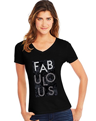 Hanes Women’s Short Sleeve Graphic V-neck Tee (multiple graphics available), Fabulous/Black, X Large