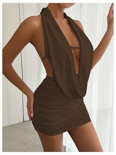 Image of SOLY HUX Women's Sexy Deep V Neck Halter Bodycon Mini Dress Sleeveless Party Club Dresses