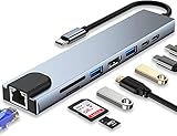 conector multiple ✅ 【Concentrador USB C 8 en 1】 ： Este Adaptador concentrador USB C 8 en 1 proporciona 8 puertos de conectividad con su nueva computadora portátil USB C, 1 puerto HDMI, 1 puerto de datos USB C, 1 puerto USB 3.0, 1 puerto USB 2.0, 1 puerto de carga PD, 1 ranura para tarjeta SD, 1 ranura para tarjeta TF y 1 puerto Ethernet RJ45, no se necesitan controladores o aplicaciones adicionales para satisfacer sus diferentes necesidades.