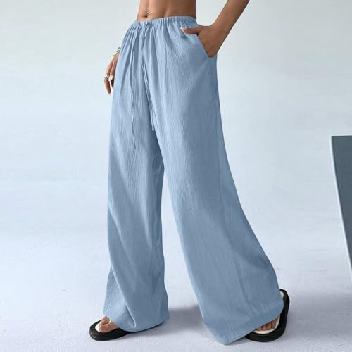 Baggy Linen Pants Women Summer Casual Comfy Elastic Waist Palazzo Pants Lightweight Breathable Trousers Pants3