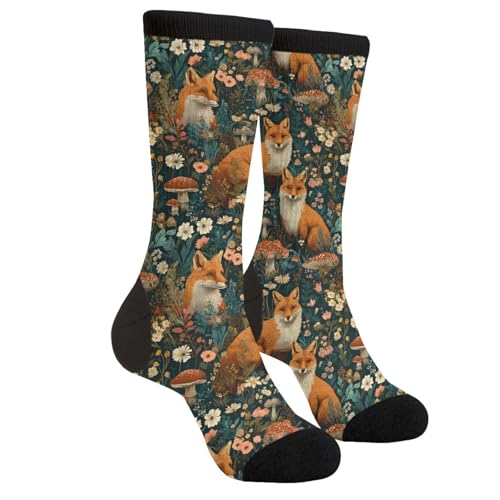 Tuaakeo Forest Fox Socks Funny Mushroom Novelty Socks Casual Athletic Crazy Crew Socks For Women Men Gifts