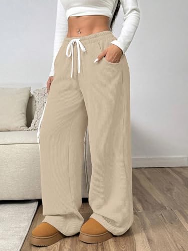 Image of Women's Trendy Korean Trouser with Pockets, Casual Corduroy Stretchable Baggy Loose || High Rise Elastic Waist Going Out Lounge Pants || Wide Leg Pants for Woman