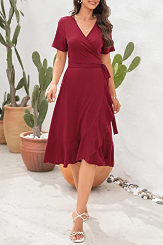 Slowtown Women's Wrap Dress V Neck Short Sleeve Belted Split Ruffle Hem Summer Midi Dress (Burgundy, Small) #TOP7