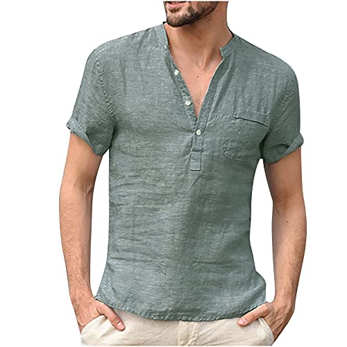 Henley Shirt Herren Kurzarm Leinenoptik Freizeithemd Regular Fit Basic Businesshemd mit Brusttasche leicht atmungsaktiv Strandshirt Fitness Muskelshirt Elegant Stehkragen Anzug Unterhemd, verde, L Cover
