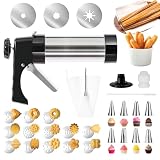 3-in-1 Churro Maker & Spritz Cookie Press Gun Kit, Stainless Steel Baking Tool with 16 Discs, 8 Icing Nozzles, Piping Bag & Cleaning Brush, Easy Press Handle for Homemade Cookies and Churros