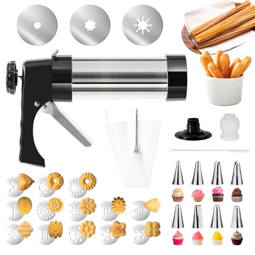 3-in-1 Churro Maker & Spritz Cookie Press Gun Kit, Stainless Steel Baking Tool with 16 Discs, 8 Icing Nozzles, Piping Bag & Cleaning Brush, Easy Press Handle for Homemade Cookies and Churros