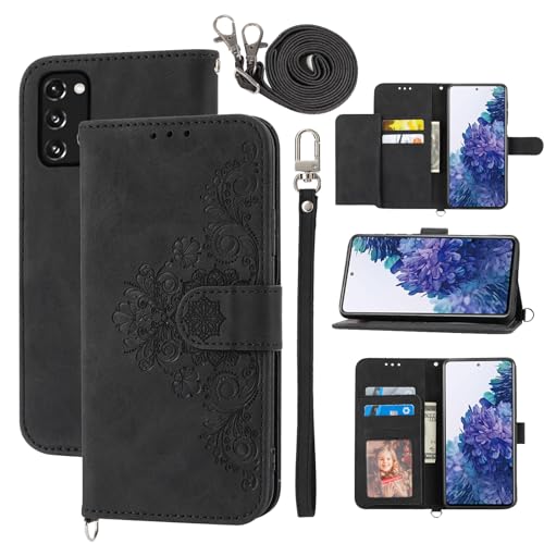 Dswteny Wallet Case for Samsung Galaxy S20 FE 5G 6.5 inch with Wrist Strap Shoulder Strap, Embossed Flip Cell Phone Cover for S 20 EF UW 2022 S20FE5G S20FE 20S S2O Fan Edition 4G G5 Women Girls Black