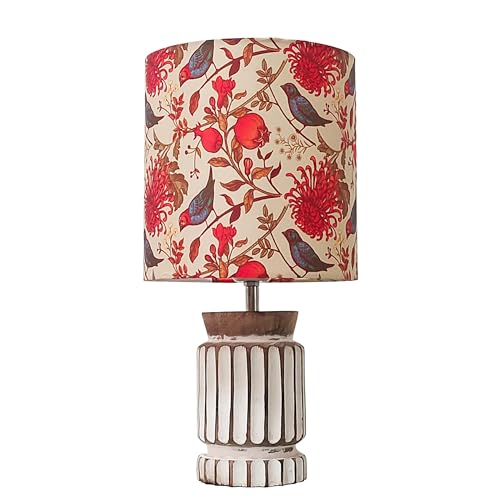 Image of Homesake Retro Farmhouse LED Table Lamp for Living Room Bedroom Rustic Linen Bedside Nightstand Lamps for Kids Room Study Office Wood Night Lamp, Carved Cylinder, (Bird)
