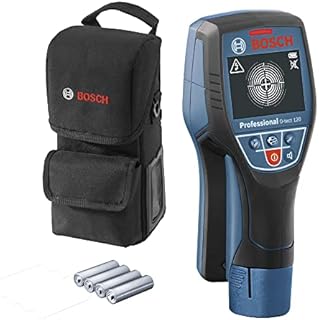 Bosch Professional Detektor Wallscanner D-tect 120 (4 baterie AA, maks. głęb. detekcji rury plast./belki drewn./przewody pod napięciem/metale magn./metale niemagn.: 60/38/60/120/120 mm, pokrowiec)