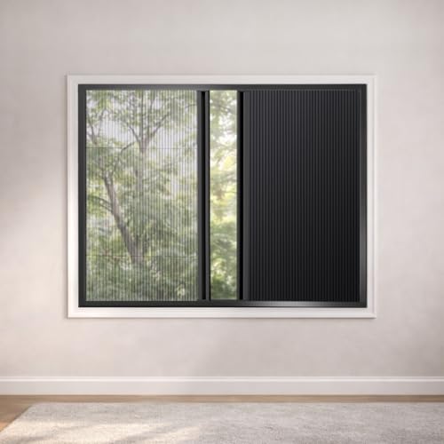 TIPIACE Ture Blackout No-Gap Cellular Honeycomb Shades for Windows Avoid Heat for Bedroom Nursery Media Room (Insect Screen System Full Black)