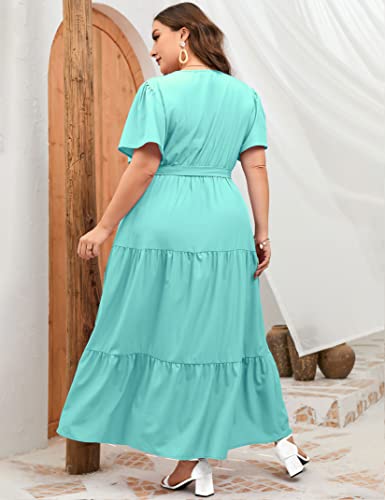 Image of ShopWonder Womens Plus Size V Neck Wrap Maxi Dress High Waist Ruffle Summer Casual Dress with Belt
