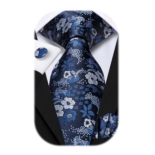 Image of Hi-Tie 70 inches Ties for Men Silk Extra Long Necktie and Pocket Square Cufflinks Set Men Big and Tall Tie Business