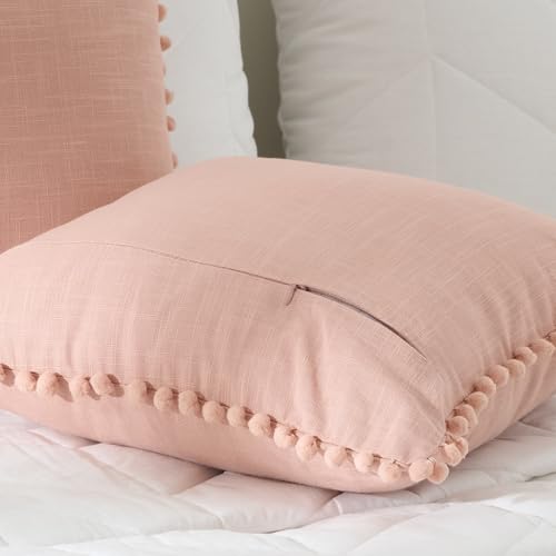 Image of 100% Cotton Pom Pom Cushion with Filler, Elegant & Modern Cushion Cover for Living Room, Square Shape, 16 inchx16 inch, uni slub, Set of 2 - Cloud Rose