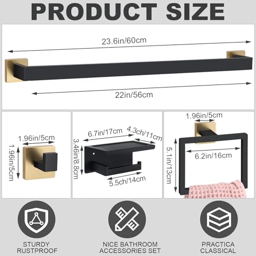 Image of 10 Pcs Bathroom Accessories Set, 24 Inch Bathroom Hardware Set, Stainless Steel Bath Towel Bar, Towel Racks, Robe Hook, Toilet Paper Holder with Phone Shelf Wall Mounted for Gifts (Black Gold)
