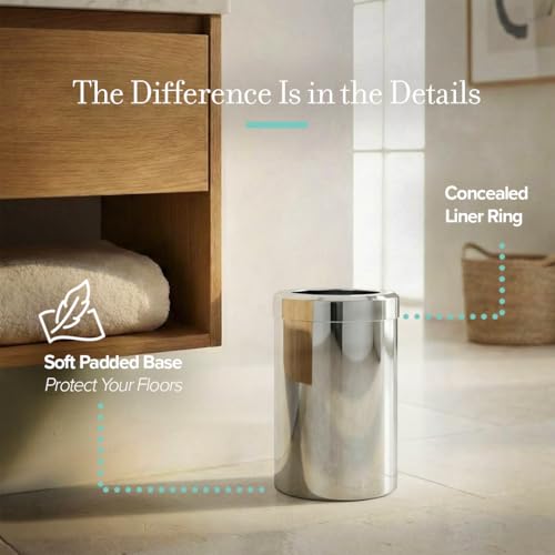 Image of Gatco Small Bathroom Trash Can with Lid, Round 3 Gallon Stainless Steel Wastebasket, Under Sink, Chrome, for Bathroom, Bedroom, Office (1910)