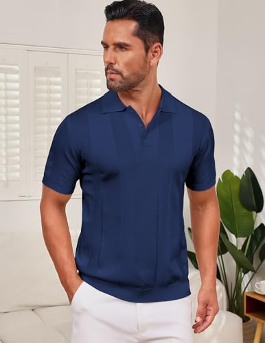 Vssjavun Mens Knit Polo Shirts Short Sleeve Textured Knitted Shirt Casual Golf Polo T Shirt2