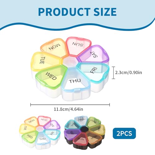 2 Stück Tabletten Box 7tage, Tablettenbox 7 Tage Rund, Unabhängiges Fachdesign, Klare Wochenmarkierung, Transparent und Sichtbar, Versiegelt und Feuchtigkeitsbeständig, Kompakt und Tragbar