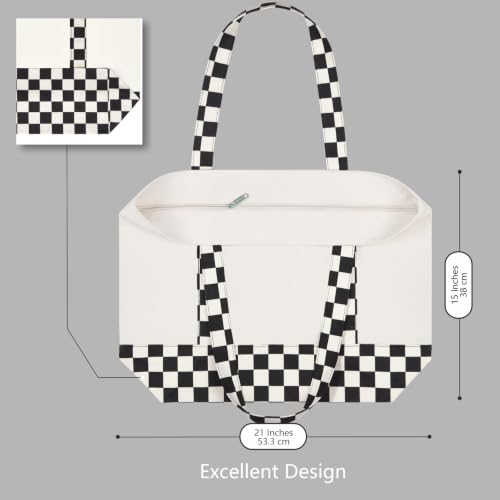 Image of TOPDesign 1-Pack Canvas Tote Bag with an External Pocket, Reusable Grocery Shopping Bag, Top Zipper Closure, Daily Essentials (Checkerboard /Natural)
