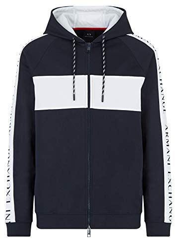 A|X Armani Exchange Men's Logo Tape Sleeve Bold Stripe Full Zip Hooded Sweatshirt, Navy W/White, M