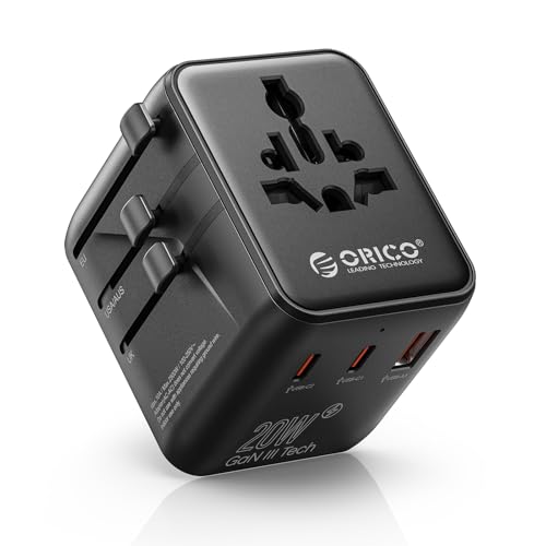 ORICO Adaptateur Universel de Voyage avec 2 Ports USB-C (PD 20W) et 1 USB-A, Adaptateur Prise Internationale pour France vers UE, Anglaise, États-Unis, AU, Chine, Japon, Thaïlande + 200 Pays -UA
