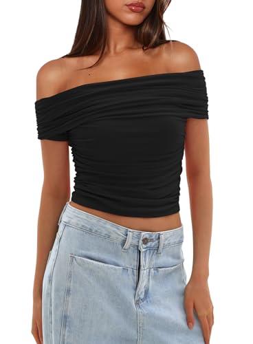 Darong Women Mesh Off The Shoulder Top Short Sleeve Double Lined Ruched Shirts Trendy Going Out Tops Summer Fashion Clothes4