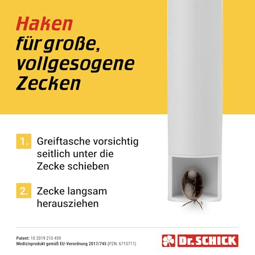 Dr. Schick Zeckenzange Ultra Chirurgenstahl für Tiere [2-in-1 Zeckenhaken & Zeckengreifer] - patentierter Zeckenschutz für Hunde, Katzen & Co. – kleine und vollgesogene Zecken entfernen